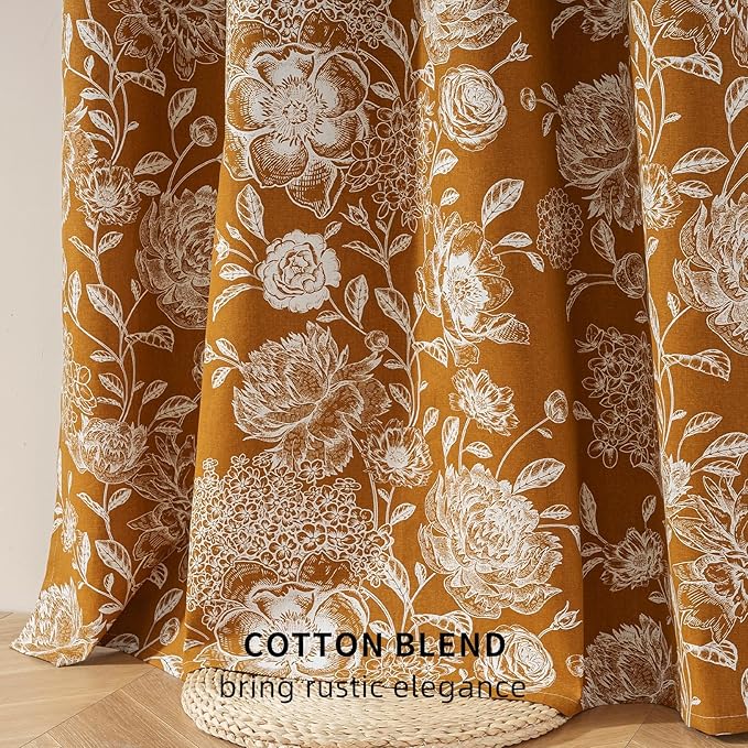 Vintage Orange Peony Floral Blackout Curtains - Cotton Blend Light Blocking Drapes with Grommet Top for Bedroom, Living Room & Office, Boho Home Decor, 52W x 63L