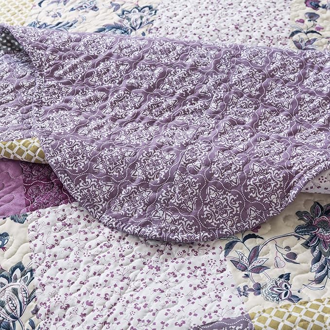 HoneiLife King Size Quilt Sets - 3 Pieces Microfiber Quilt Set Lightweight Bedspreads Reversible Coverlets Rustic Bed Cover King Quilt Bedding Set All Season Quilts-Beige & Purple