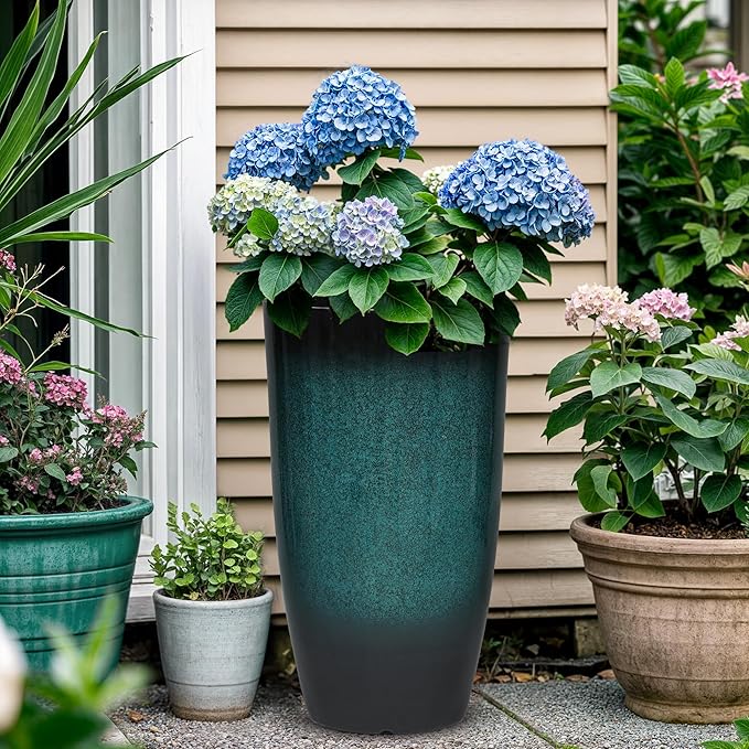 23.75" H Large Tall Outdoor Planters, Set of 2 Plastic Large Flower Pots for Outdoor Plants, Weather-Resistant for Porch, Garden, Patio or Indoor All Season Decor, Gradient Turquoise Finish