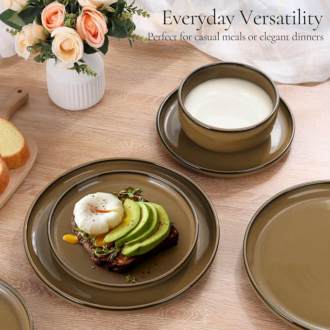 E-far Stoneware Dinnerware Sets for 2, 6 Pieces Reactive Glaze Plates and Bowls Sets, Elegant Dishes with Rustic Terracotta Base, Dishwasher & Microwave Safe, Scratch Resistant, Deep Camel