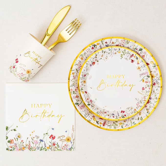 Crisky Wildflower Birthday Plates and Napkins set Women/Men Floral Disposable Tableware Set of 24 for Birthday Party Decorations (Plates, Napkin, Cups, Tablecloth, Knife & Fork)