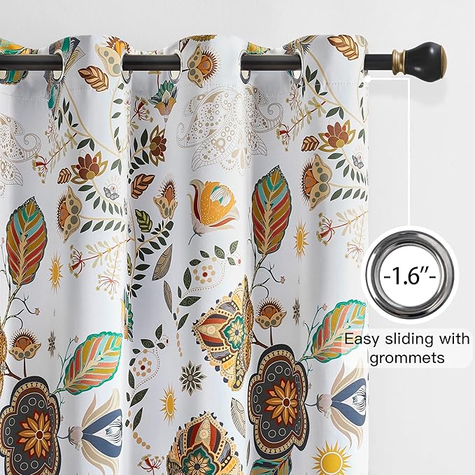 XiDi Extra Long Blackout Floral Curtains 108 Inches Long 2 Panels for Bedroom Living Room Thermal Insulated Luxury Colorful Curtains Vintage Patterned Botanical Printed Grommet Drapes White 52x108