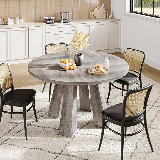 IDEALHOUSE 47" Round Dining Table for 4-6, Wood Kitchen Table with Sturdy Base, Farmhouse Circle Dinner Table for Dining Room, Living Room, 4 Strong Legs, Grey