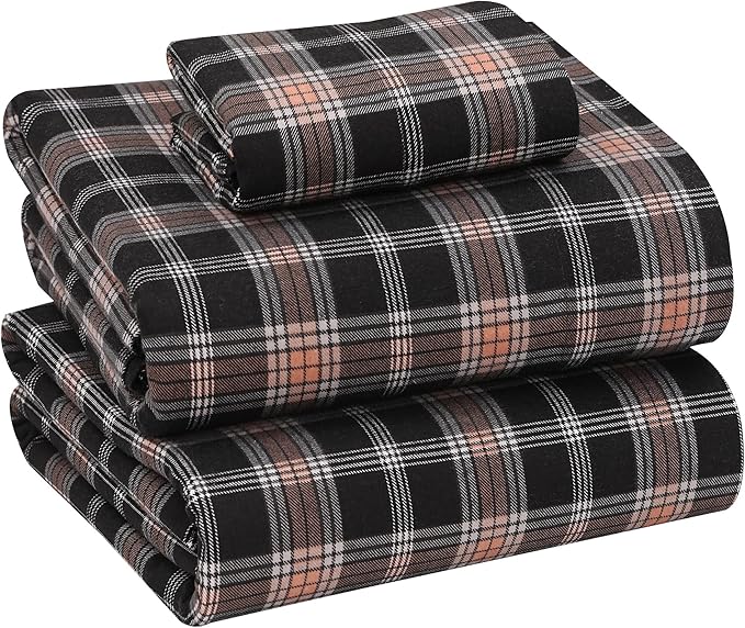 RUVANTI Flannel Sheets Twin Size - 100% Cotton Double Brushed Twin Sheets Set, Deep Pockets 16 Inches, All Seasons Breathable & Extra Soft Bed Sheets, Warm & Cozy, 3 Piece, Peach & Black Plaid