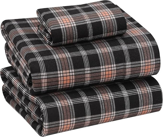 RUVANTI Flannel Sheets Twin Size - 100% Cotton Double Brushed Twin Sheets Set, Deep Pockets 16 Inches, All Seasons Breathable & Extra Soft Bed Sheets, Warm & Cozy, 3 Piece, Peach & Black Plaid