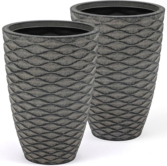 19" Resin Tall Outdoor Planters (Set of 2), Rustic Washed Black Finish Flower Pots with Wave Texture, Weather-Resistant for Porch, Garden, or Patio