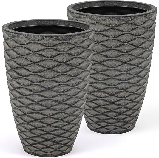 19" Resin Tall Outdoor Planters (Set of 2), Rustic Washed Black Finish Flower Pots with Wave Texture, Weather-Resistant for Porch, Garden, or Patio