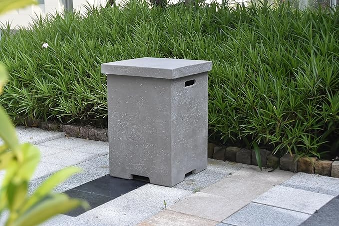 AMS Fireplace | Elementi Tall Light Grey Square Travertine Propane Tank Cover | Concrete GFRC Base | Dimensions: 17.7 x 17.7 x 24.4 inches | Complement Hampton, and Others Fire Pit Tables Perfectly