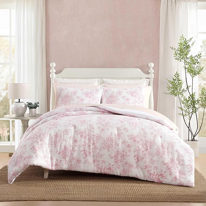 Laura Ashley - Comforter Set, Soft Poly Waffle Textured Bedding with Matching Shams, Delicate Floral Design (Delphine Pastel Pink, King)