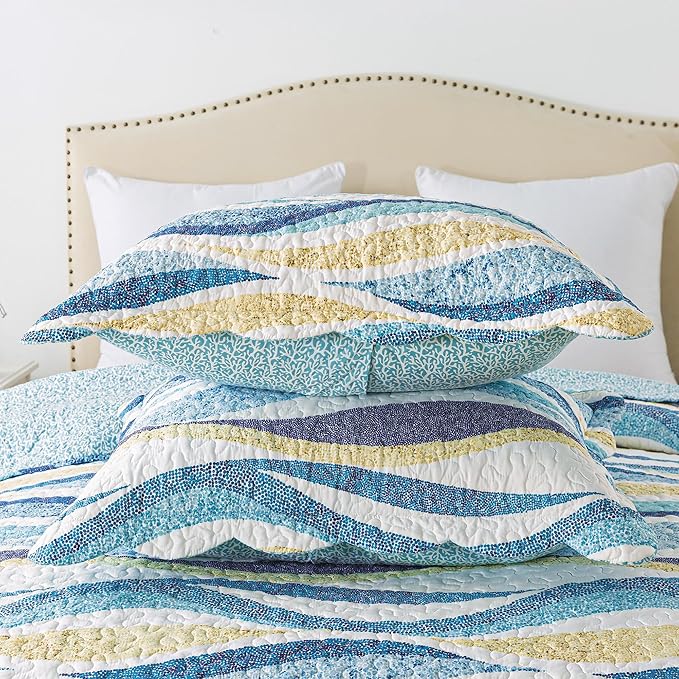 HoneiLife Ocean Quilt Queen Size - 3 Pieces Beach Quilt Sets Coastal Bedspreads Nautical Coverlets Lightweight Bed Cover, Queen Quilt Bedding Set All Season Quilts