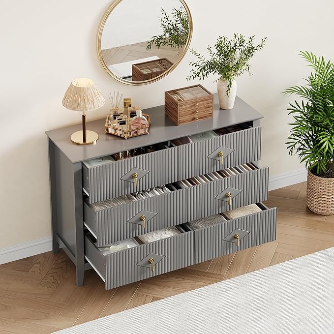 GarveeHome Fluted Dresser for Bedroom, 47.2 Inch Wide 6-Drawer Wood Dresser, Modern Chest of Drawers, Storage Organizer Cabinet for Living Room, Hallway, Entryway, Grey