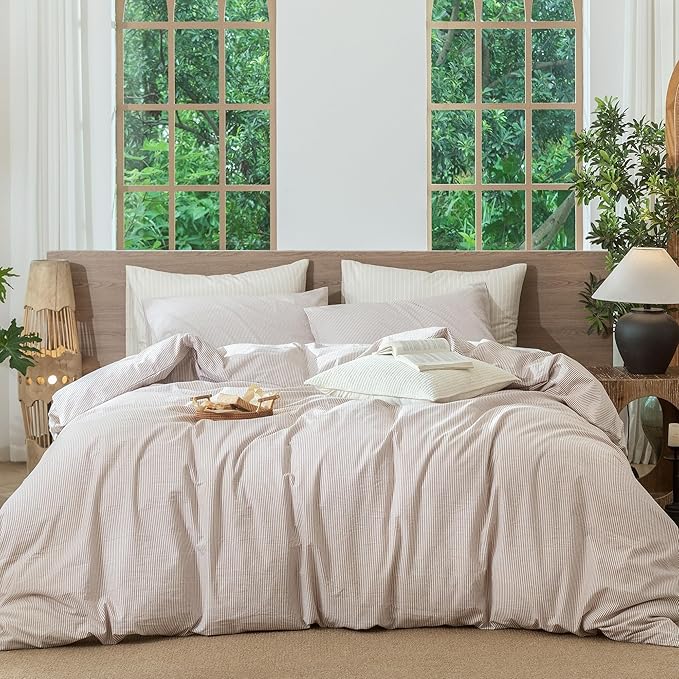MooMee Striped Duvet Cover Set 100% Washed Cotton Linen Like Textured Breathable Durable Soft Comfy (Orange Pinstripes, Twin 68"x90")