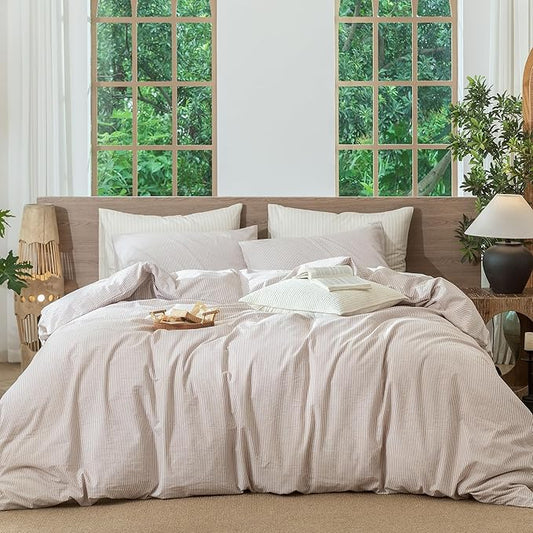 MooMee Striped Duvet Cover Set 100% Washed Cotton Linen Like Textured Breathable Durable Soft Comfy (Orange Pinstripes, Queen 90"x90")