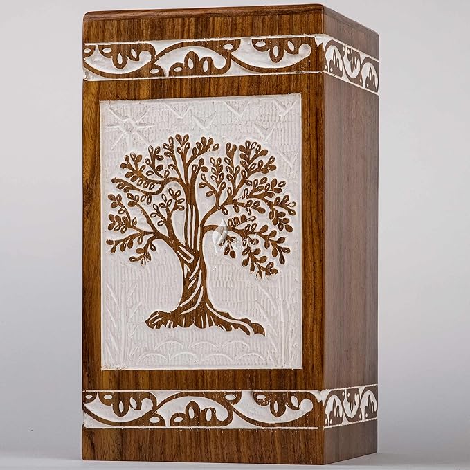 INTAJ Cremation Urn for Human Ashes - Wooden Urn Box for Ashes Handcrafted - Tree of Life Memorial Urn Funeral Cremation Urns (XL (14x7.5) 640 CuIn, Antique Rosewood Tree)
