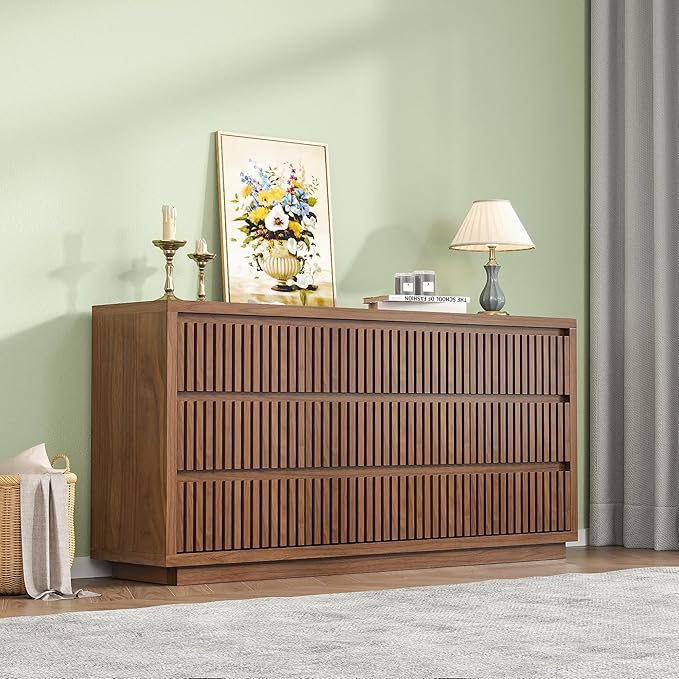 Fluted Long 9 Drawer Dresser, Large Mid Century Dresser for Bedroom, 58" Wide Vintage Chest of Drawers, Wood Closet Clothes Organizer, Walnut TV Stand for Living Room, Wooden, Brown