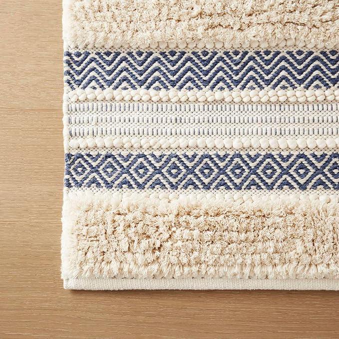 Ink+Ivy Bath Rug Hand-Woven Texture Shaggy Striped Soft & Water Absorbent, Boho Bathroom Décor Bath-Mats, Non-Slip Absorbent Quick Dry Mats for Tub, Shower Room, Asher, 22x58, Navy 1 Piece