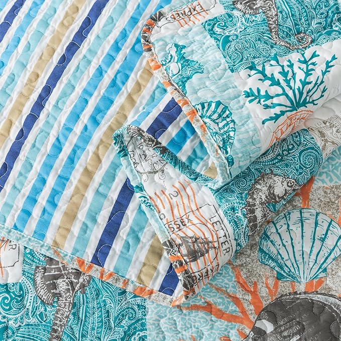 HoneiLife Quilt Set Queen Size - 3 Pieces Nautical Bedspreads Coastal Coverlets Ocean Bed Cover Queen Quilt Bedding Set All Season Quilts