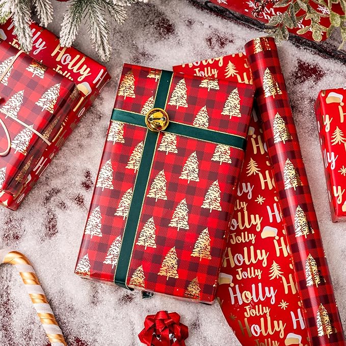 MAYPLUSS Christmas Wrapping Paper Roll, Red Plaid Wrapping Paper, Classic Red Christmas Tree and Plaid Gift Wrap with Metallic Foil Shine for Holiday Gift Packaging (17 Inch X 16.5 Feet)