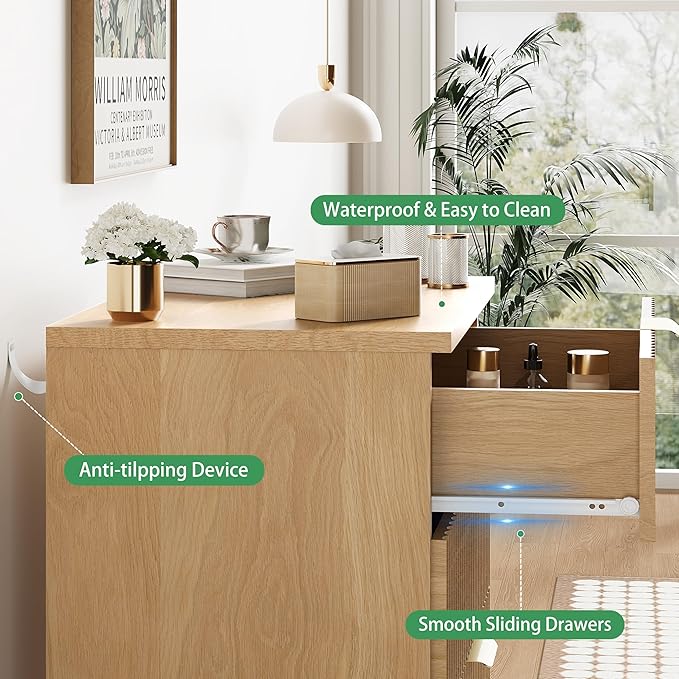 Fluted Nightstand, 31.5" Wide Side Table with 4 Large Storage Drawers, Mid Century Modern Wood Night Stand with Metal Handle, Wooden Bedside End Table for Bedroom, Living Room, Closet, Natural Oak
