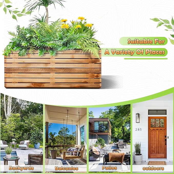 Metal Planter Box Rectangular Planter Box with Drainage Hole, Outdoor Large Planters, All-Weather Use, Rust-Resistance, for Flowers Plants, 38" L × 15" W × 16.3" H, Dark Walnut