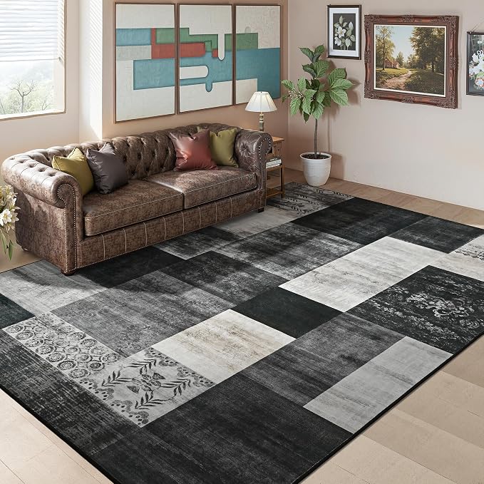 Tepook 5x7 Area Rugs for Living Room, Modern Large Geometric Rug for Bedroom, Washable Patchwork Rug Indoor Non Slip Throw Carpets for Dining Room Office Farmhouse Home Decor, Black and White