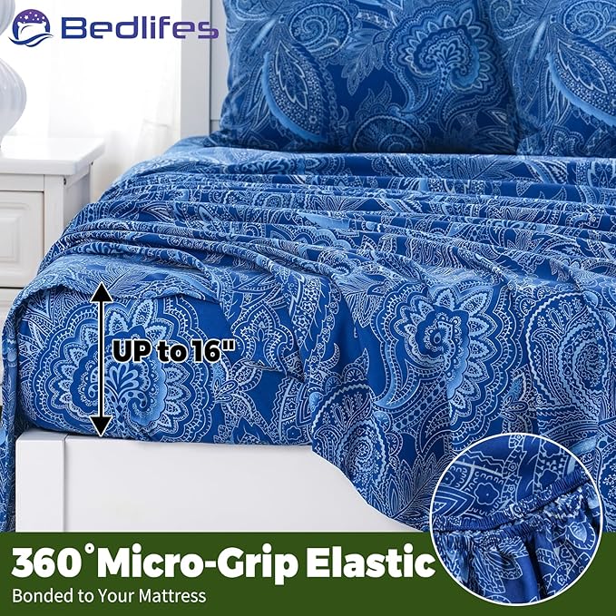 Bedlifes Queen Floral 4-Piece Sheet Set - Cooling Sheets Blend Rayon Derived from Bamboo,Soft & Breathable, Deep Pocket 16", Wrinkle Resistant - Paisley Dark Navy Blue