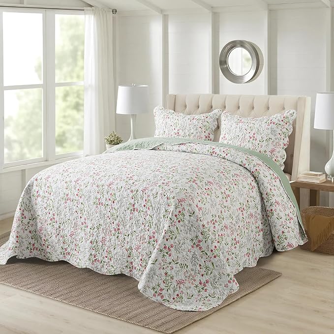 HoneiLife Queen Quilt Bedding Set - 3 Pieces Microfiber Quilt Sets Lightweight Bedspreads Reversible Coverlets Nature Bed Cover Floral Bedding Set Wildflower Quilts All Season Use