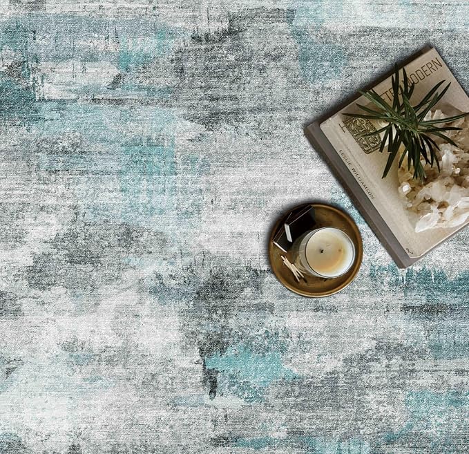 5x7 Area Rugs - Ultra-Thin Washable Rug with Non-Slip Backing, Ideal for Living Room, Bedroom, Kitchen Floor Carpet - Modern Abstract Style, Easy Clean, Durable, Low Pile Teal