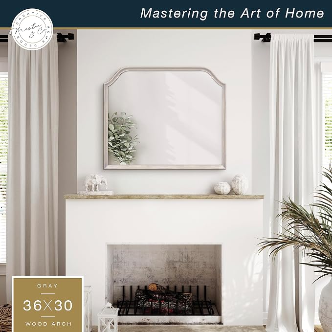 MCS Master & Co. 36x30 Mirror with Gray Woodgrain Solid Wood Frame, Arched Wall Hanging Large Mirror for Bathroom, Bedroom & Livingroom