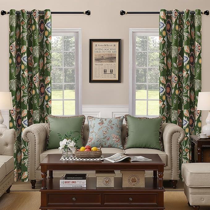 XiDi Green Floral Curtains 108 Inches Long 2 Panels Vintage Patterned Blackout Curtains for Living Room Thermal Insulated Grommet Luxury Cottage Core Botanical Printed Drapes Moss Green 52x108