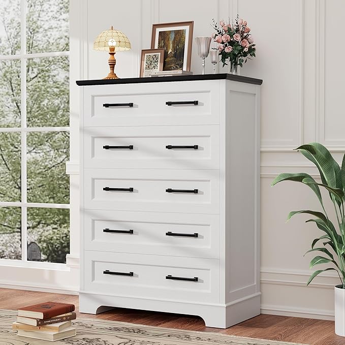 YESHOMY Tall Dresser for Bedroom, Farmhouse 5 Drawers Dresser, Chest of Drawer Chest, Multi-Tier Clothing Storage Cabinet, White and Black