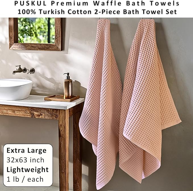 PÜSKÜL Natural 100% Turkish Cotton Waffle Bath Towels Set of 2-Piece | 32x63 inch Extra Large Absorbent Quick-Dry Lightweight Spa Towel | Luxury Sauna Accessories (Pink Powder Bath Towels - Pack of 2)