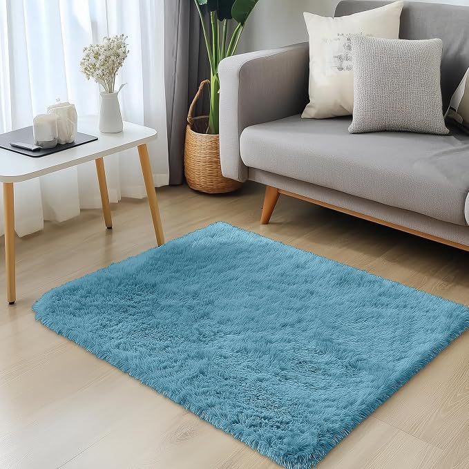 OLANLY 2x3 Machine Washable Small Bedside Rug, Soft Fluffy Shaggy Entryway Throw Rugs for Bedroom, Living Room, Indoor Floor Carpet for Kids Girls and Boys, Home Decor Aesthetic, Slate Blue