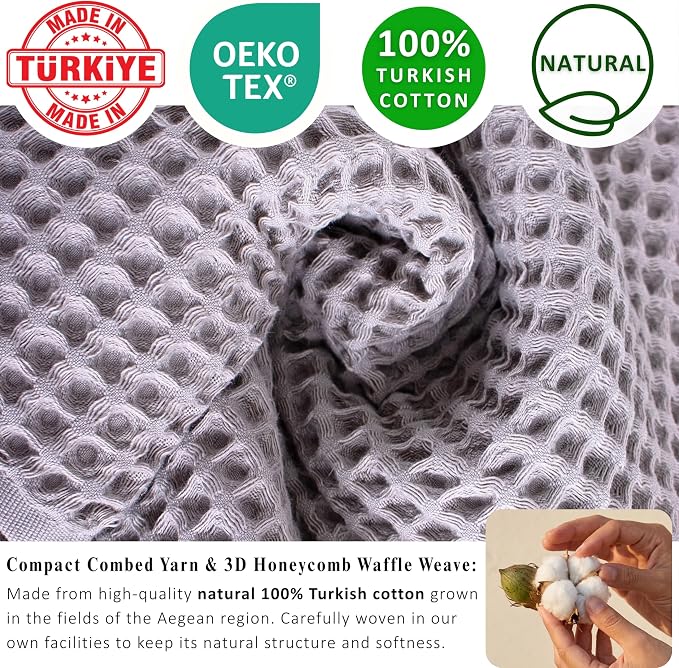 PÜSKÜL 4-Piece Natural 100% Turkish Cotton Luxury Waffle Towels for Bathroom | Premium Honeycomb Weave 2 Hand Towel & 2 Bath Towel Set | Soft Absorbent Quick-Dry Lightweight Towels (Gray)