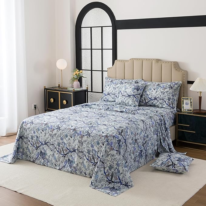 FADFAY Sheets Set Twin XL Botanical Bird Floral Bed Sheets Set Vintage Blue Farmhouse Bedding Shabby Branches Bedding Collections 100% Egyptian Cotton Breathable Soft Deep Pocket 4Pcs, Twin XL Size