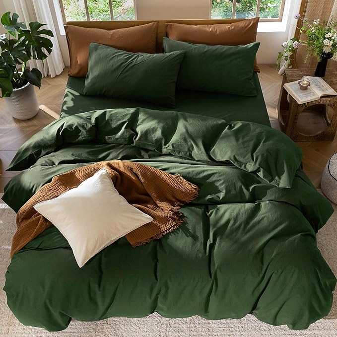 MooMee Bedding Duvet Cover Set 100% Washed Cotton Linen Like Textured Breathable Durable Soft Comfy (Solid Forest Green, Oversized Queen 98"x98")