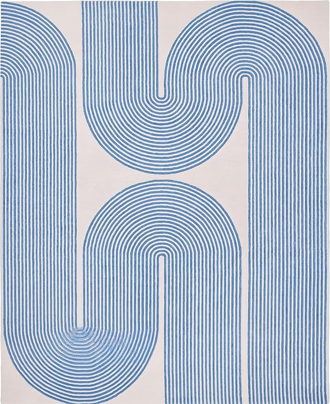 Modern Handmade Wool Area Rug, Abstract Curved Line Geometric Indoor Carpet for Living Room Bedroom, Contemporary Tufted Rug with Soft Pile and Cotton Backing (Sky Blue, 4' x 6')