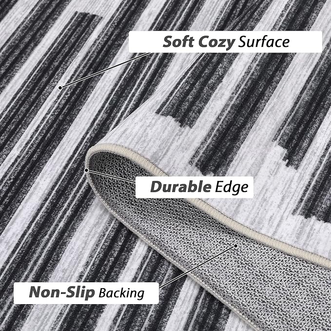 Washable 5x7 Rugs for Living Room Low Pile Soft Bedroom Rug Modern Abstract Lines Carpet Non Shedding Thin Office Carpets Contemporary Geometric Striped Floor Mats for Kitchen Nursery, Beige Black