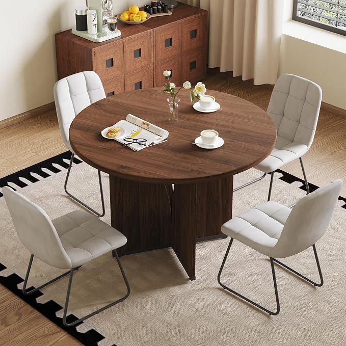 HIPIHOM Modern Round Dining Table Set for 2, 39.4" Walnut Kitchen Table with 2 PU Leather Chairs, 3-Piece Mid-Century Dining Room Set for Small Spaces, Pedestal Base & Ergonomic Padded Chairs