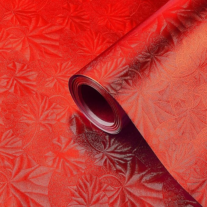 Jecery Embossed Floral Foil Paper Metallic Wrapping Paper Colored Foil Sheets for Crafts Scrapbook Florist Cake Board Cake Drums Gift Wrapping, 15.7 Inch 46 Ft (Red)
