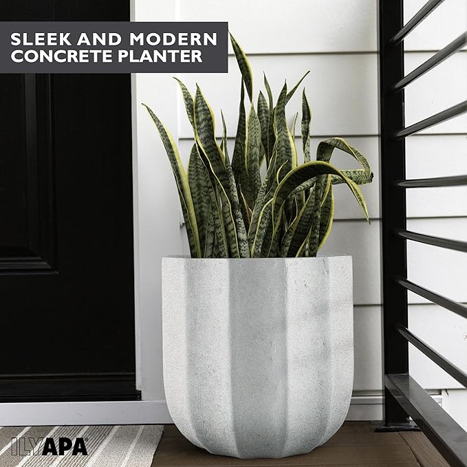 Ilyapa 14 Inch Tall Modern Concrete Planter - 14.5x14 Inch Outdoor/Indoor Plant Pots with Drainage - Cement Vase Planters for Plants, or Tree