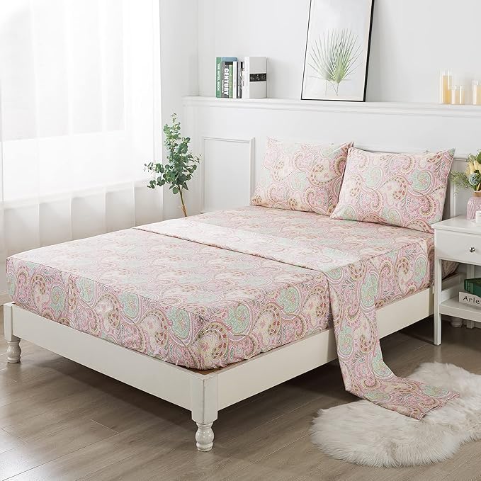 FADFAY 4 Piece Pink Paisley Bed Sheet Set Luxury Bedding Sets Designer Bedding Collections 800 Thread Count 100% Egyptian Cotton Deep Pocket-Twin XL Size