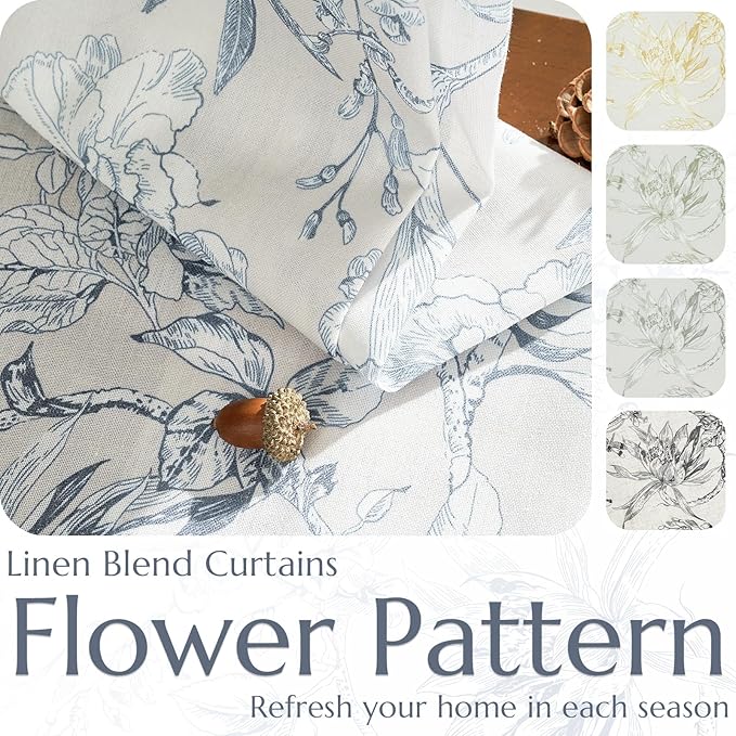 jinchan Floral Curtains 63 Inch Length Blue Flower Linen Farmhouse Curtain for Living Room French Country Vintage Curtain Rod Pocket Curtains Set 2 Panels Blue Floral Printed