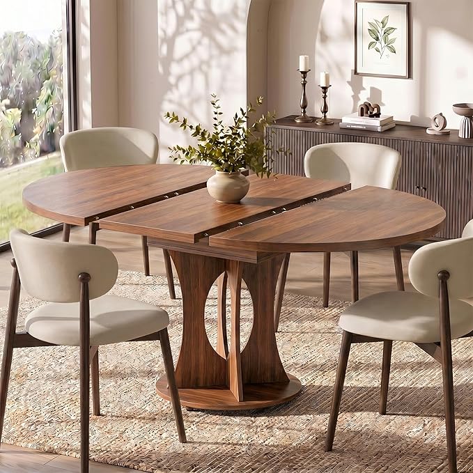 Einhomn 43-59" Extendable Round Dining Table, Kitchen Table for 4-8, Farmhouse Circle Dining Room Table with Removable Leaves,Hidden Storage, Space Saving Wood Kitchen & Dining Room Furniture, Walnut