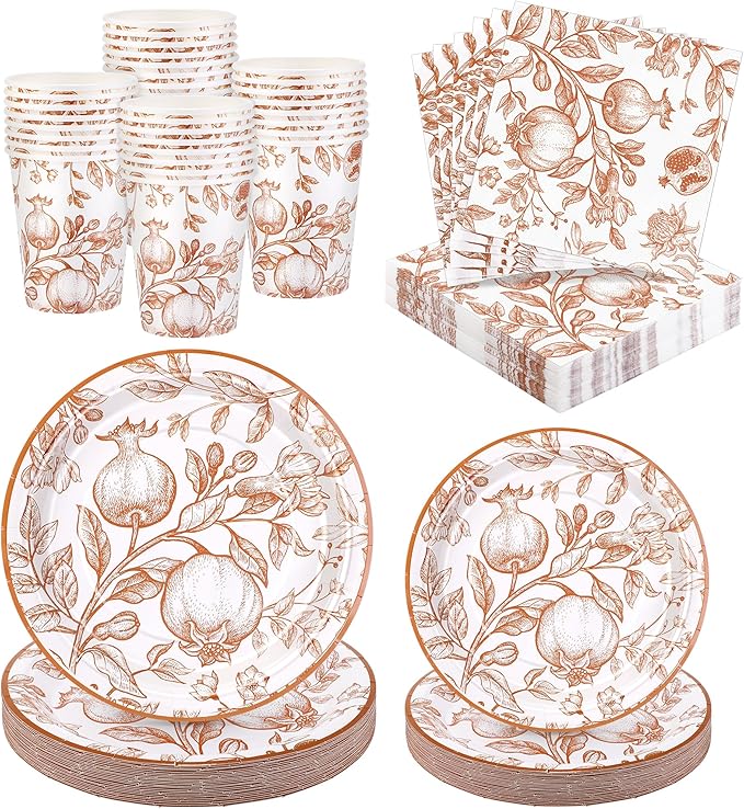 96 Pieces Fall Disposable Pomegranate Paper Plates Thanksgiving Vintage Floral Party Supplies Orange Floral Tableware Set Includes Paper Plates Cups Napkins Serve 24 for Wedding Baby Shower