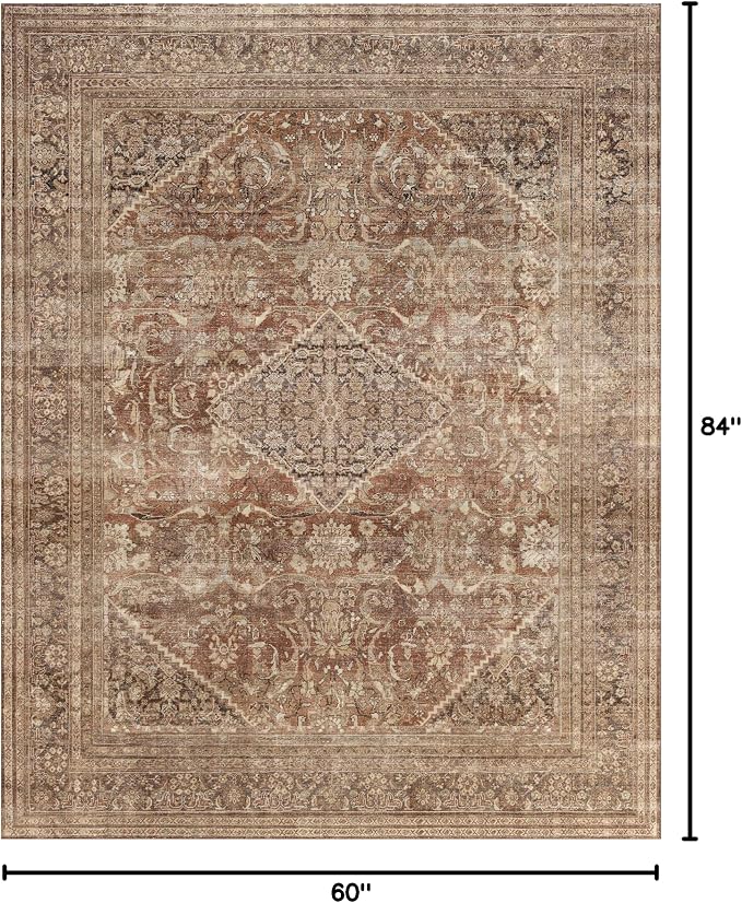 vivorug 5x7 Area Rugs - Ultra-Thin Washable Rug with Non-Slip Backing, Ideal for Living Room, Bedroom, Kitchen Floor Carpet - Vintage, Easy Clean, Durable, Earth Tone