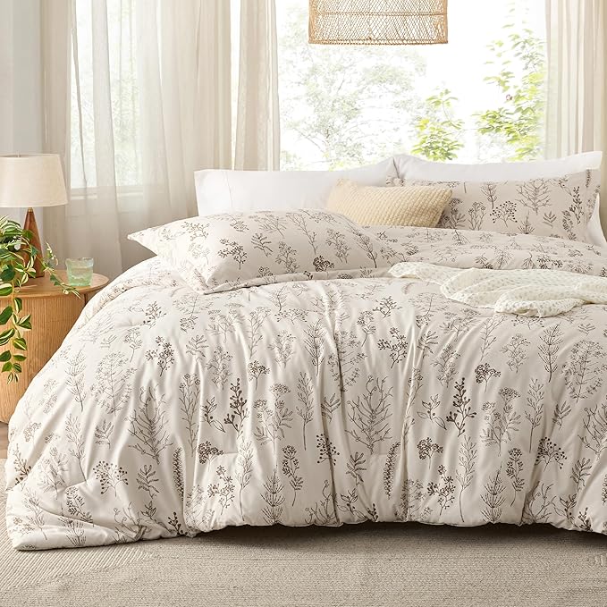 Bedsure Twin/Twin XL Comforter Set - Beige Bed Set, 2 Pieces Cute Floral Bedding, 1 Soft Botanical Flowers Comforter and 1 Pillow Shams