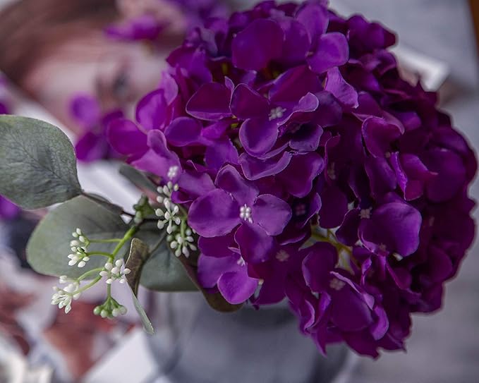 DuHouse Hydrangea Silk Flowers Artificial Flowers with Stem Fake Flower Heads for Wedding Centerpiece Home Decor Pack of 6 (Dark Purple)