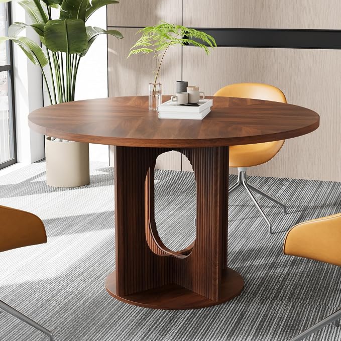 weselon Farmhouse Round Fluted Dining Table for 4, 47 Inch Circle Kitchen Table with Wooden Pedestal Base, Dinner Tables for Home Living Room Kitchen (Walnut)