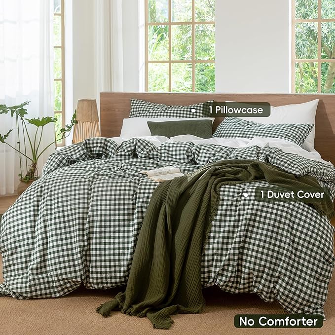 MooMee Gingham Duvet Cover Set 100% Washed Cotton Linen Like Textured Breathable Durable Soft Comfy Modern Checkered Design (Forest Green Gingham, Oversized Queen 98"x98")